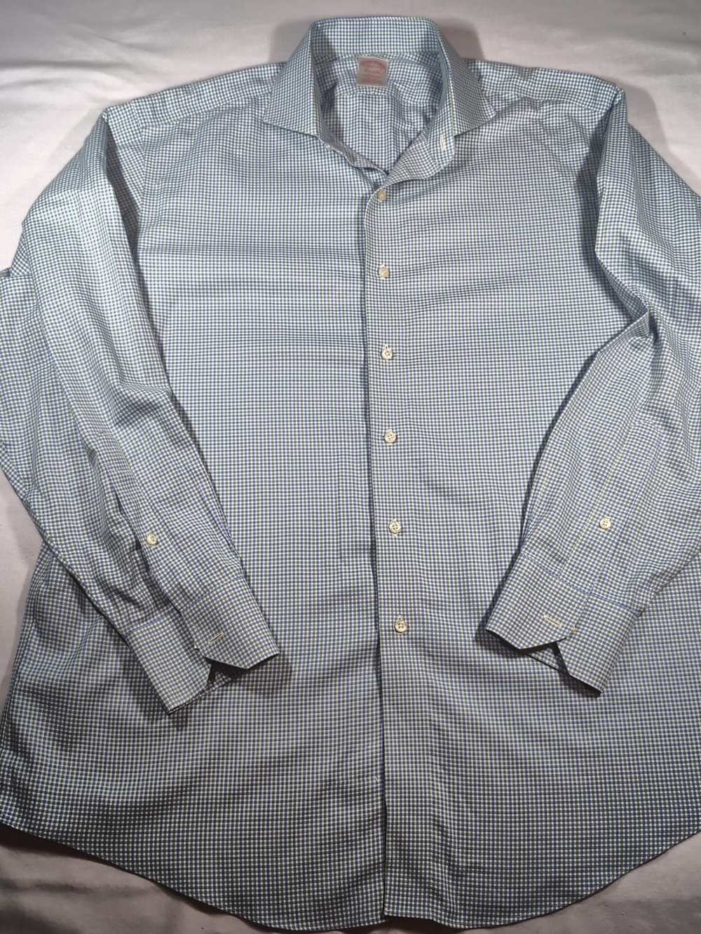 Brooks Brothers Light Blue/Green and White Micro-Check Dress Shirt